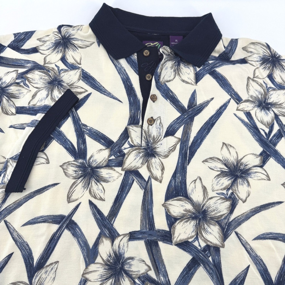 3d Sportswear Polo Shirt Mens XL Floral Lily Print Navy Blue Cotton‎ Golf Top